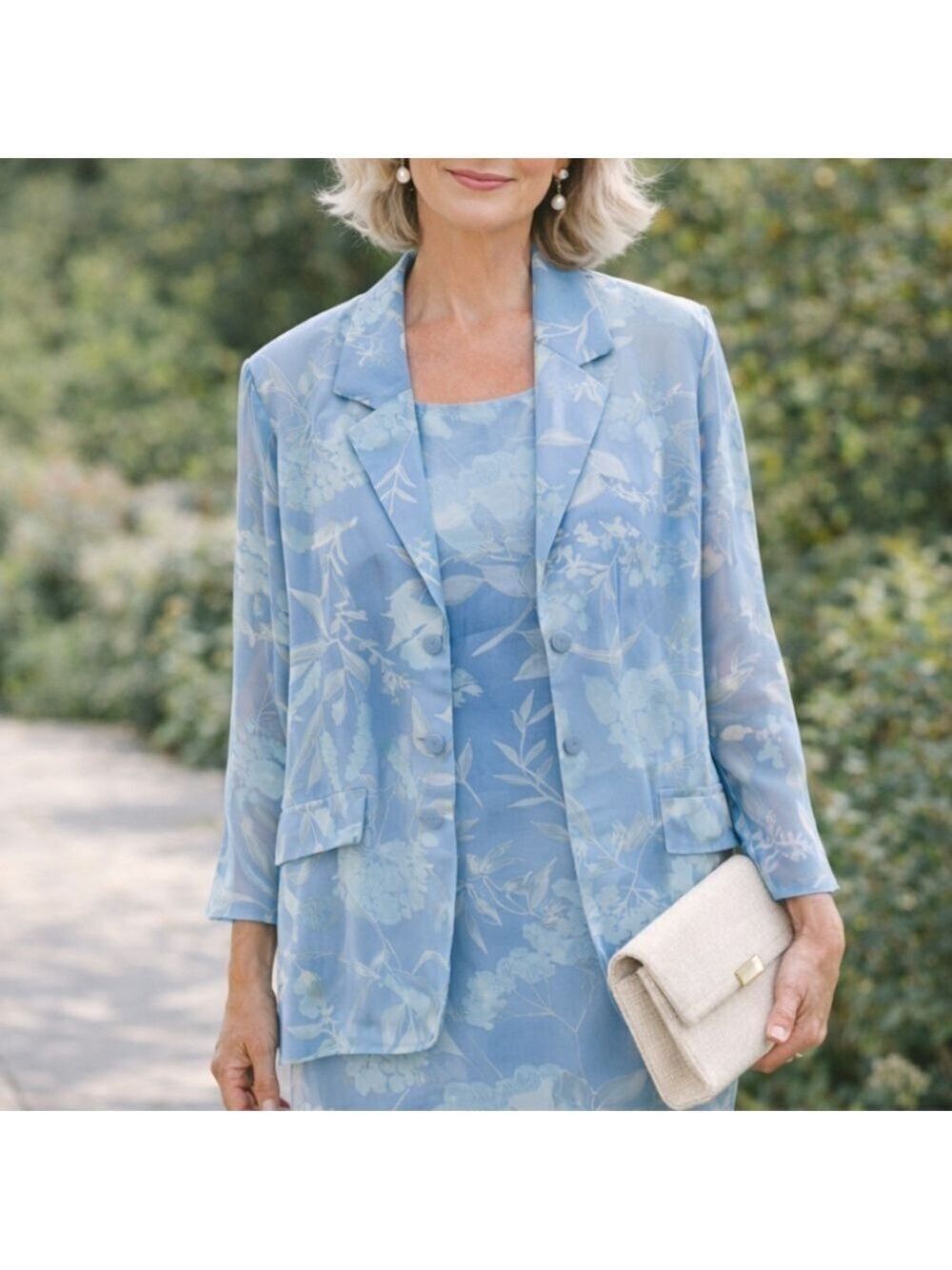 Vintage 90s Joseph Ribkoff Blue Floral 2 Pc Dress Jacket Set Sz 16 Botanical EUC